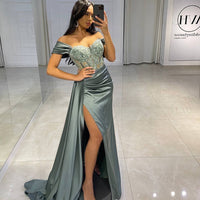 Abiti da sera sexy lunghi con spalle scoperte, vestito da festa con applicazioni in pizzo, spacco alto, abito da ballo