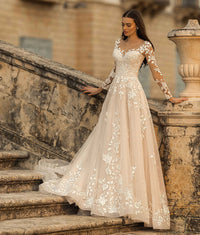 Champange Wedding Dresses Lace Up Corset A-Line Appliques Long Sleeves Boho Bride Dress Plus Size