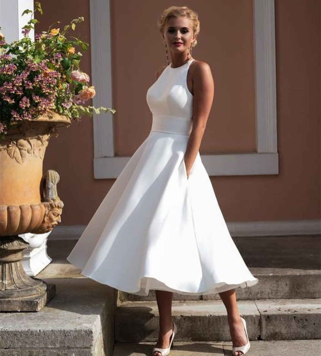 Abito da sposa floreale 3D lunghezza tè romantico con corsetto, abito da festa nuziale midi in tulle, abito da sposa Ms250103