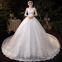 Luxury Sweep Train Wedding Dress O Neck Three Quarter Sleeve Lace Appliques Plus Size Bridal Gown