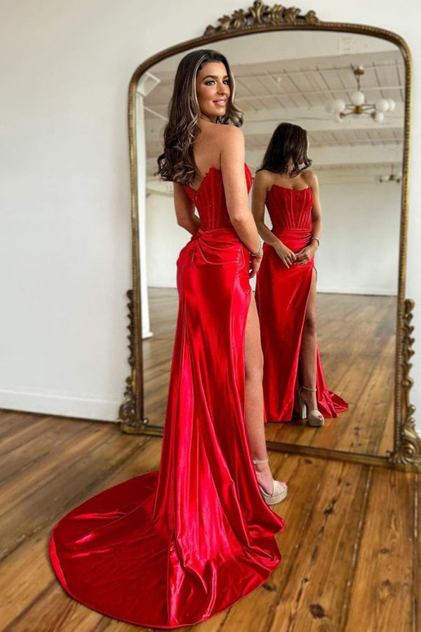 Strapless Red Corset Prom Dress With Slit Lace Formal Evening Dress Ms2507263