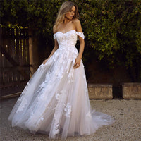 Romantic Off Shoulder Lace Appliques Wedding Dress A Line Tulle Bohemian Bridal Dress Ms2503244