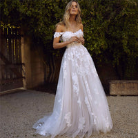 Romantic Off Shoulder Lace Appliques Wedding Dress A Line Tulle Bohemian Bridal Dress Ms2503244