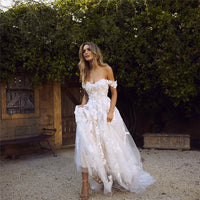 Romantic Off Shoulder Lace Appliques Wedding Dress A Line Tulle Bohemian Bridal Dress Ms2503244