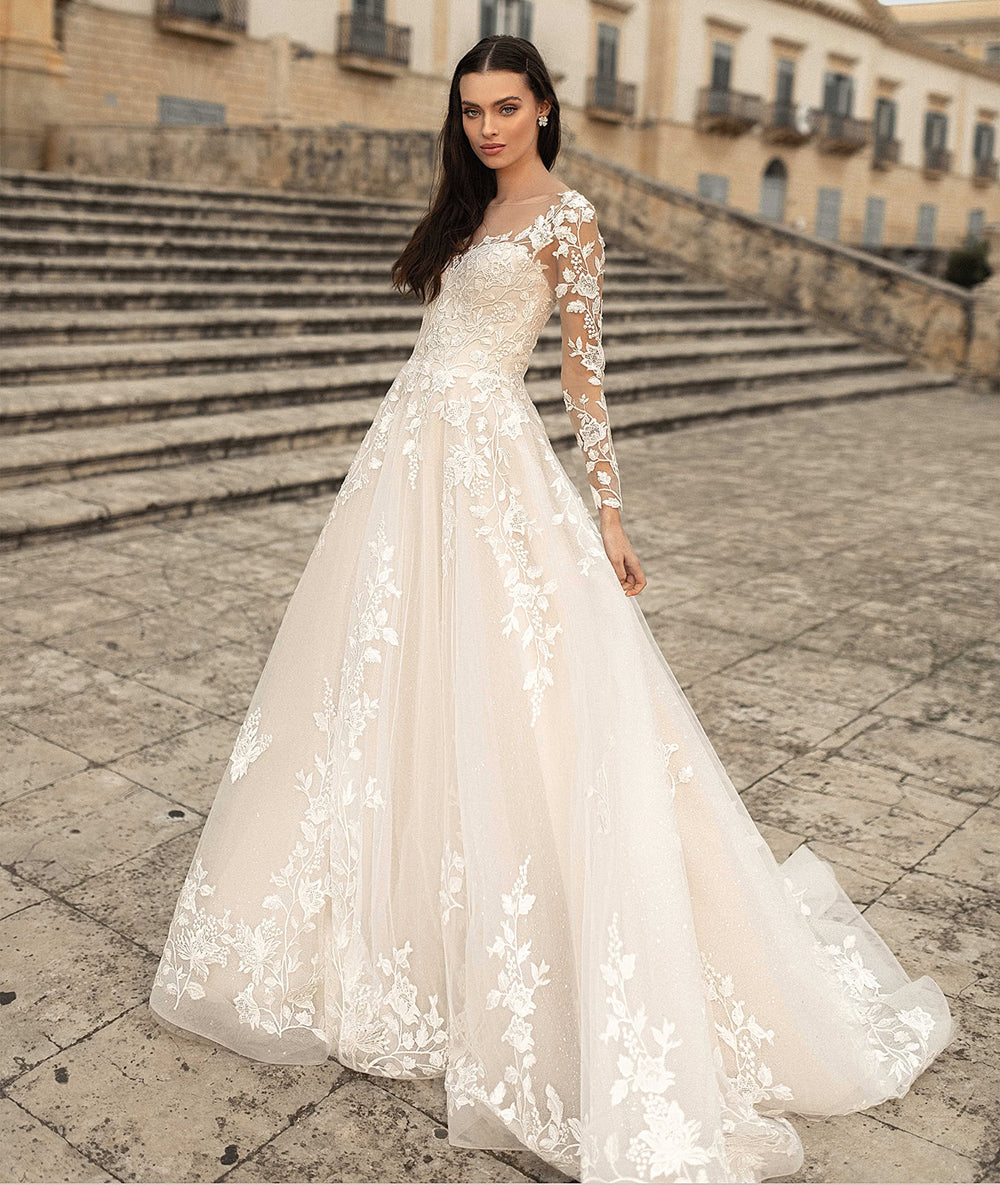 Champange Wedding Dresses Lace Up Corset A-Line Appliques Long Sleeves Boho Bride Dress Plus Size