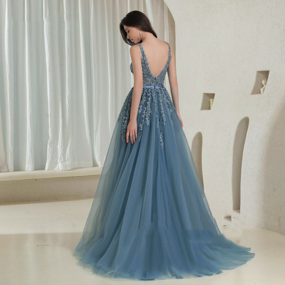 Robe de soirée longue élégante à col en V en dentelle grise et bleue, robe de bal sexy dos nu