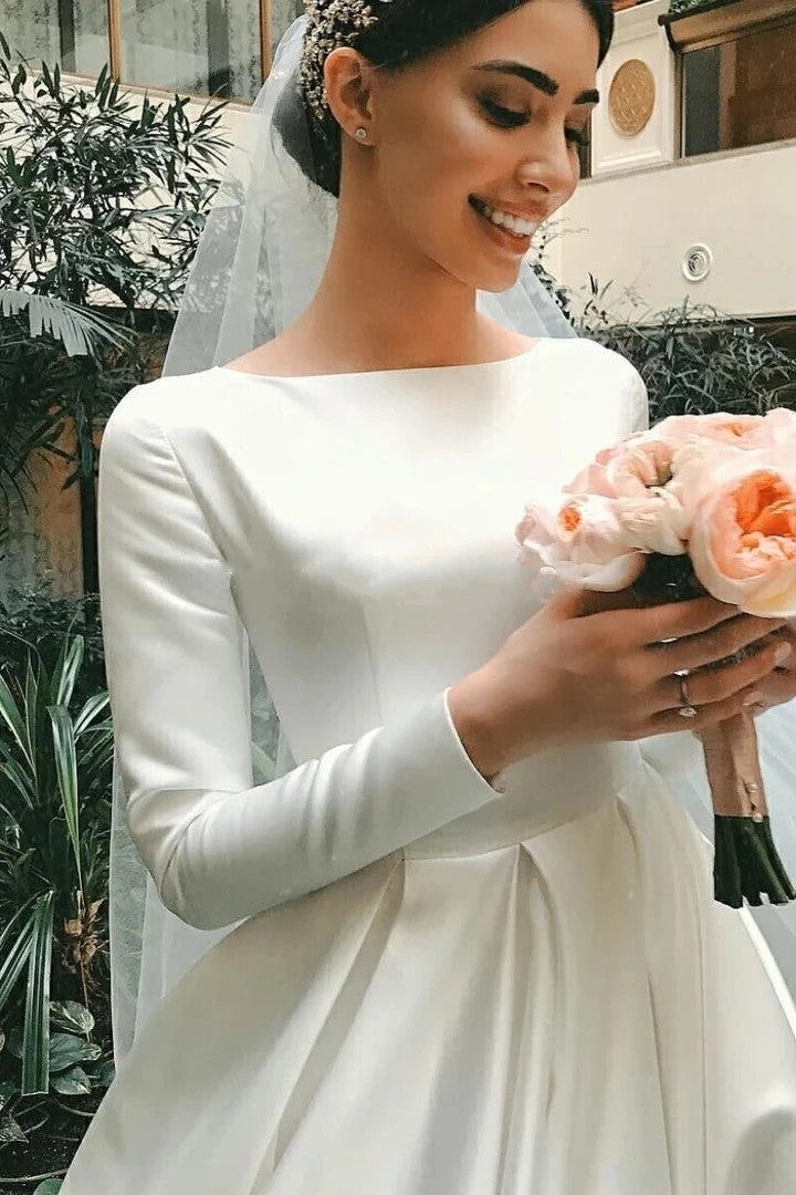 Vintage Satin Wedding Dress Modest Long Sleeves Muslim Princess A Line Brides Bridal Gown