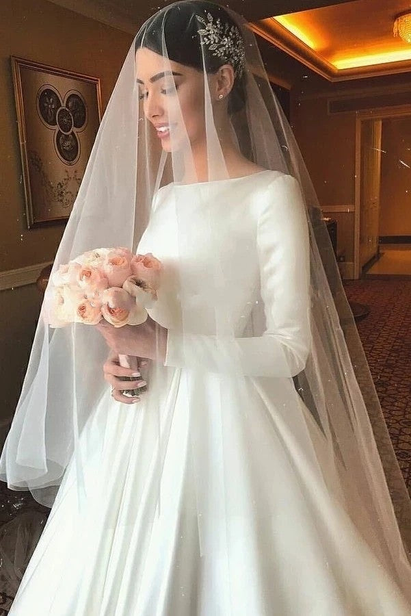Vintage Satin Wedding Dress Modest Long Sleeves Muslim Princess A Line Brides Bridal Gown