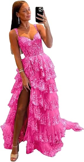 Glitter Tiered Tulle Lace Prom Dresses Long for Teens 2024 Spaghetti Straps Formal Wedding Evening Gowns