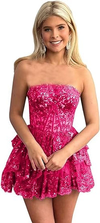 Mini robe de soirée sexy sans bretelles en dentelle avec appliques, robe de cocktail à plusieurs niveaux, robe de bal, robe de soirée