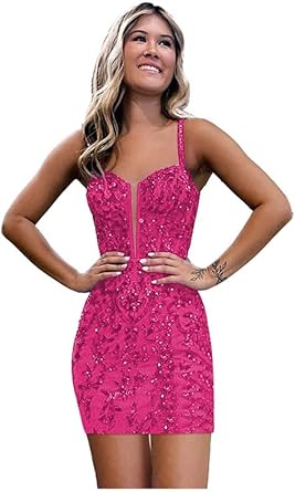Robe de soirée moulante en dentelle à paillettes pour adolescentes, bretelles spaghetti, col en V, robe de bal courte, mini robe de cocktail