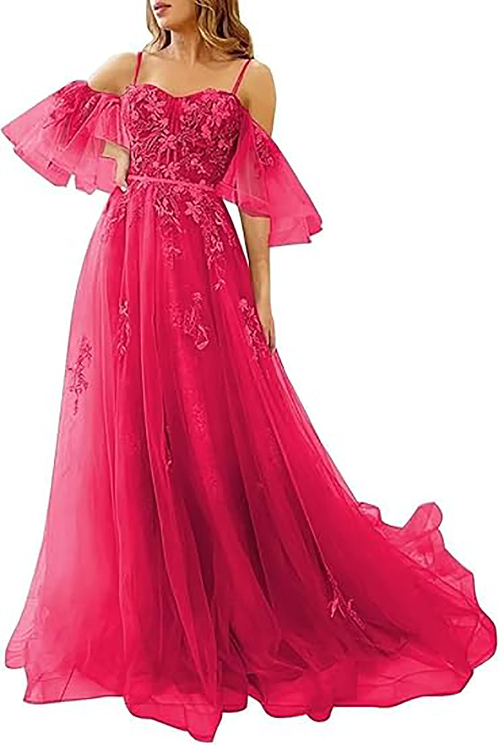Vestidos de Baile Longos com Ombros Descobertos, Tule, Apliques, Vestido de Festa com Alças Finas, Vestidos Formais de Noite