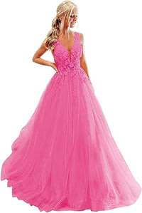 Abiti da sera lunghi con scollo a V in tulle e pizzo per matrimoni e feste, con applicazioni, abito per compleanno