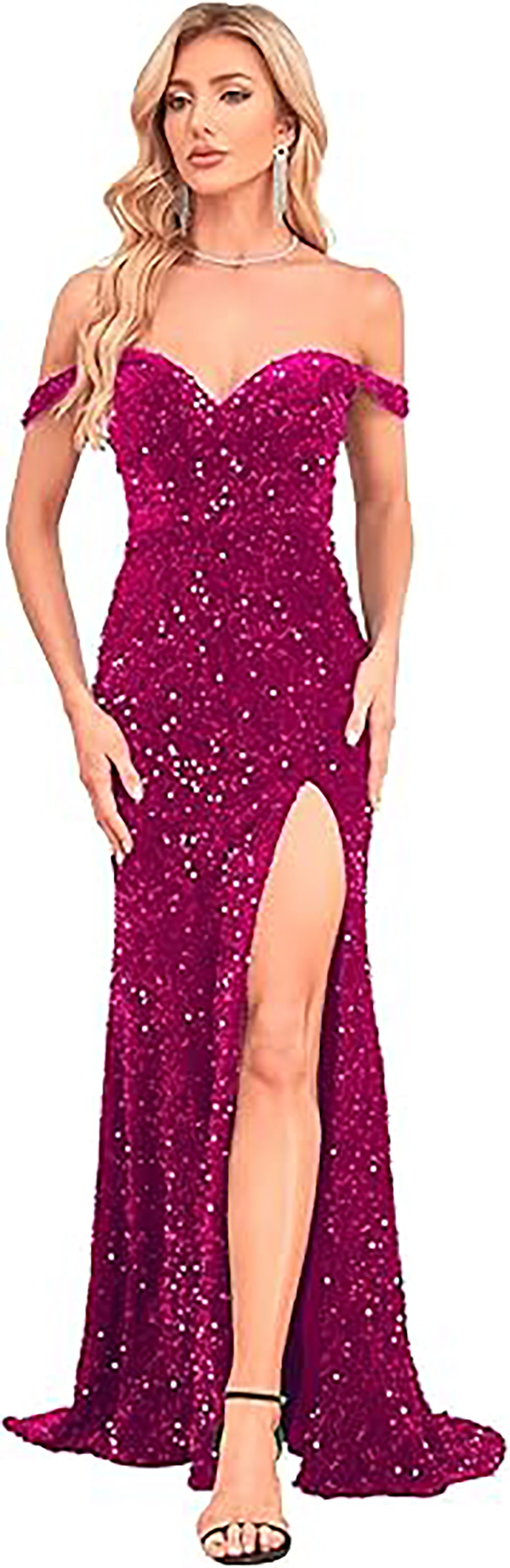 Abito da sera elegante a sirena con spalle scoperte e spacco, con paillettes, per feste formali