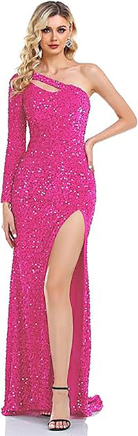 Vestido de Festa com Lantejoulas, Uma Manga, Ombro Só, Vestido de Baile Feminino Brilhante, Vestido de Cocktail para Noite
