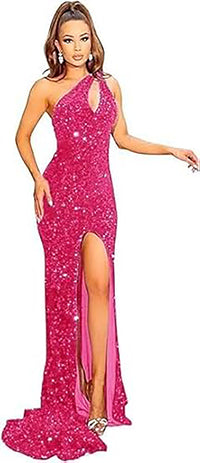 Abiti da sera lunghi da festa con paillettes su una spalla, spacco, glitter, stile sirena formale