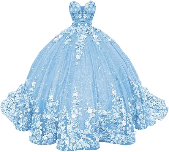 Abiti da Quinceanera con Fiori 3D Scintillanti, Abiti Quince in Tulle Gonfi Senza Spalline, Abiti Sweetheart con Perline e Pizzo, Abiti Sweet 16