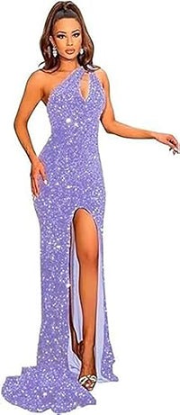 Abiti da sera lunghi da festa con paillettes su una spalla, spacco, glitter, stile sirena formale