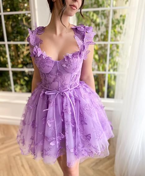 Abito corto da sera in tulle da donna con farfalle 3D, abiti da ritorno a casa con applicazioni in pizzo, abiti da cocktail con spalline sottili