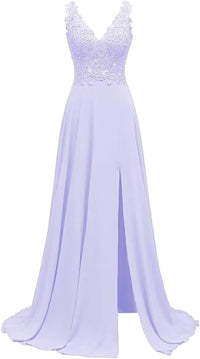 Abiti da damigella d'onore da donna lunghi in chiffon con spacco, abiti semi-formali a linea ad A con scollo a V e schiena scoperta, abiti da sera per matrimoni