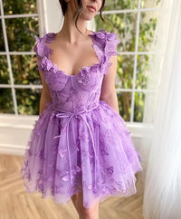 Abito corto da sera in tulle da donna con farfalle 3D, abiti da ritorno a casa con applicazioni in pizzo, abiti da cocktail con spalline sottili