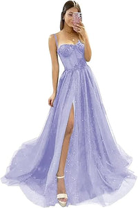 Robe de soirée longue en tulle à bretelles spaghetti et décolleté plongeant pour femme