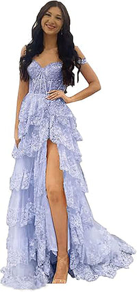 Robe de soirée longue en tulle à épaules dénudées pour femme avec appliques en dentelle et fente