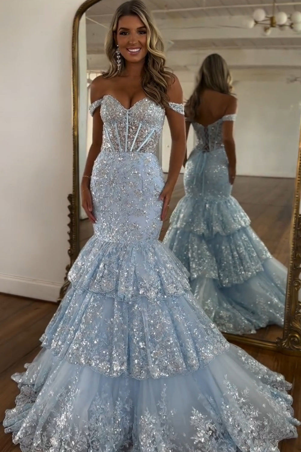 Vestido de Baile com Corpete, Decote Coração, Babados em Camadas, Fenda Alta, Sereia de Renda Brilhante Ms2504111