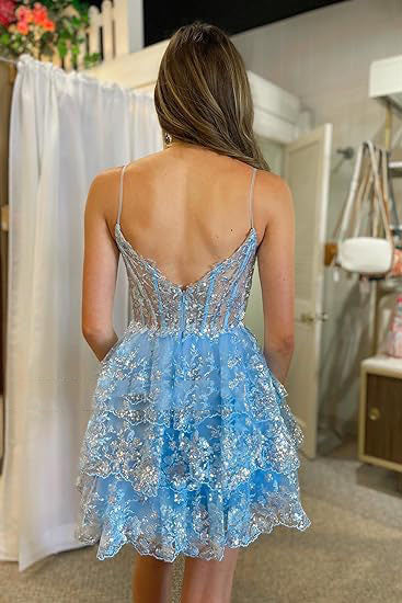 Robe de bal courte à bretelles spaghetti en dentelle à plusieurs niveaux pour adolescentes 2024 Robe de soirée à paillettes scintillantes Robe de cocktail