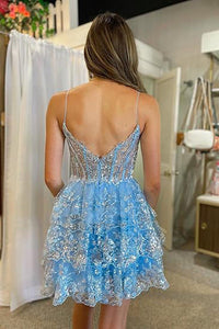 Robe de bal courte à bretelles spaghetti en dentelle à plusieurs niveaux pour adolescentes 2024 Robe de soirée à paillettes scintillantes Robe de cocktail