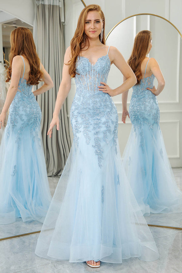 Mermaid Prom Dress Corset Lace Appliques Spaghetti Straps Long Evening Gown Ms251031