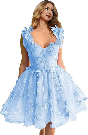 Abito corto da sera in tulle da donna con farfalle 3D, abiti da ritorno a casa con applicazioni in pizzo, abiti da cocktail con spalline sottili