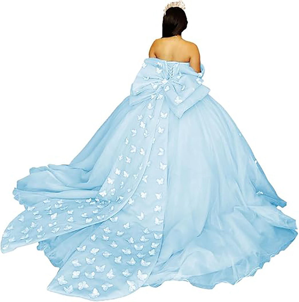 Vestidos de Quinceanera Butterfly com Laço Vestido de Baile Fofo Sweet 16 com Cauda Vestido de Quince Ombro a Ombro