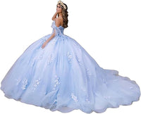Damen Quinceanera-Kleider aus Spitze, Ballkleid, schulterfrei, Prinzessinnen-Ballkleider mit Schleppe, bauschige Sweet 16-Kleider
