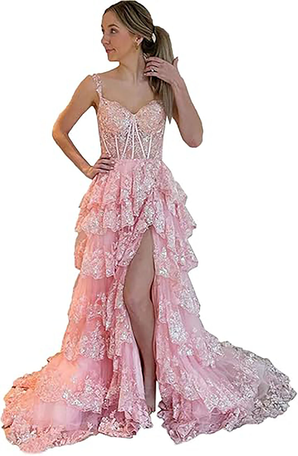 Robe de soirée longue en tulle à épaules dénudées pour femme avec appliques en dentelle et fente