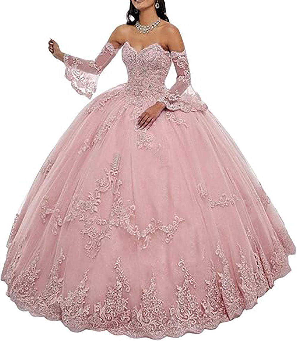 Abiti da Quinceanera da donna con scollo a cuore, applicazioni in pizzo, abito da ballo con maniche lunghe staccabili, abito da principessa per feste
