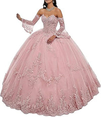 Abiti da Quinceanera da donna con scollo a cuore, applicazioni in pizzo, abito da ballo con maniche lunghe staccabili, abito da principessa per feste