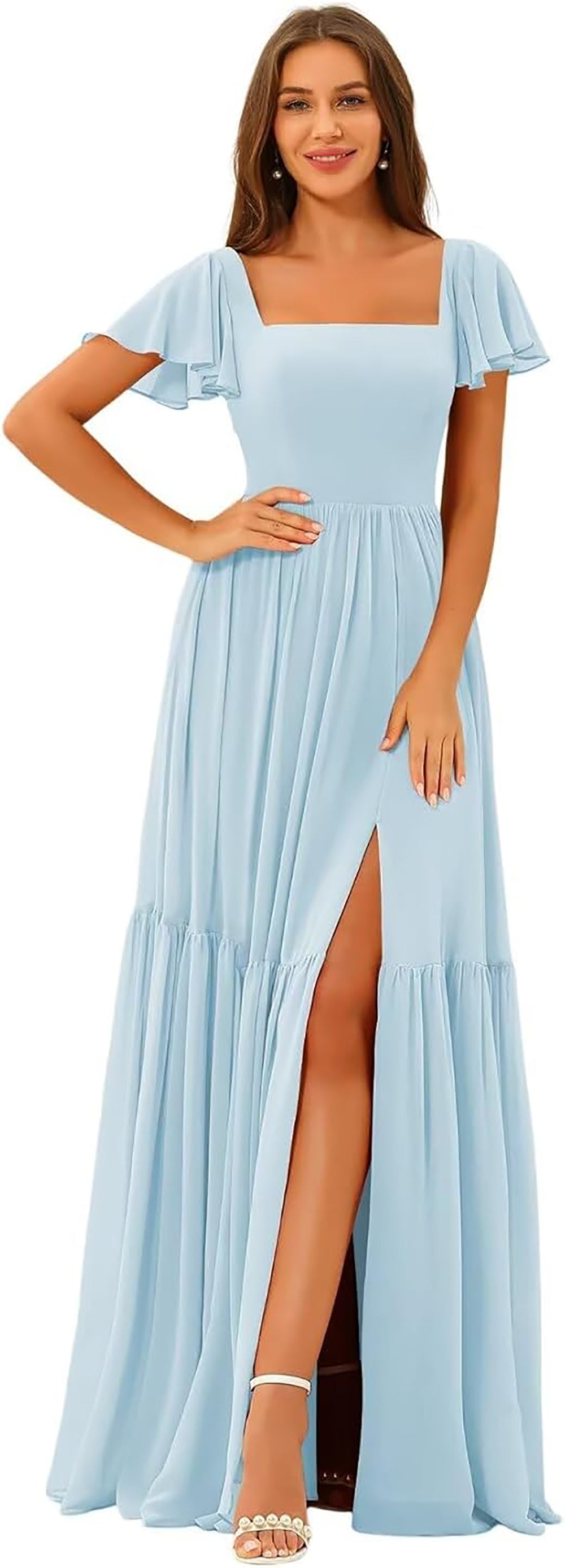 Vestidos de Dama de Honra com Decote em U, Fenda e Mangas de Chiffon com Folhos, Vestidos Formais Longos para Festa com Bolsos