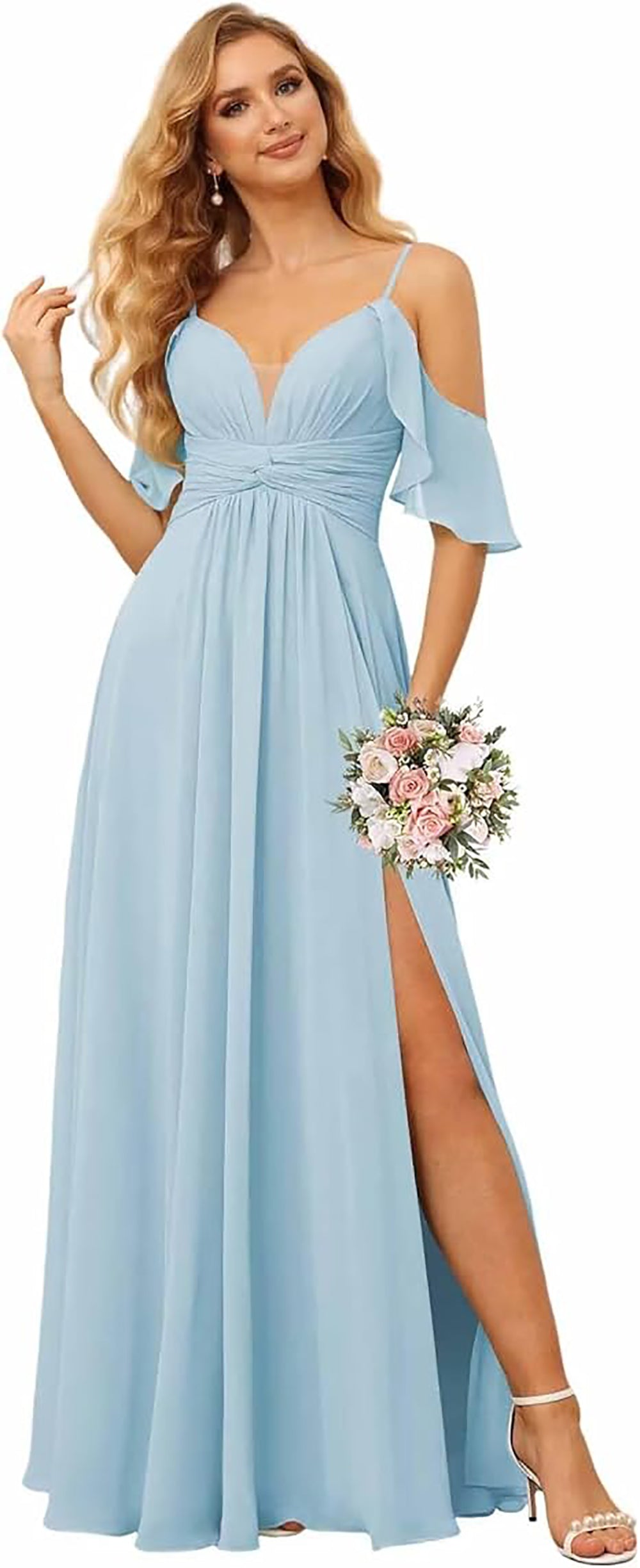Abito da damigella con spalline sottili, spacco, chiffon plissettato, scollo a barca, linea ad A, abito formale da sera per donna