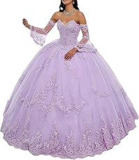 Abiti da Quinceanera da donna con scollo a cuore, applicazioni in pizzo, abito da ballo con maniche lunghe staccabili, abito da principessa per feste