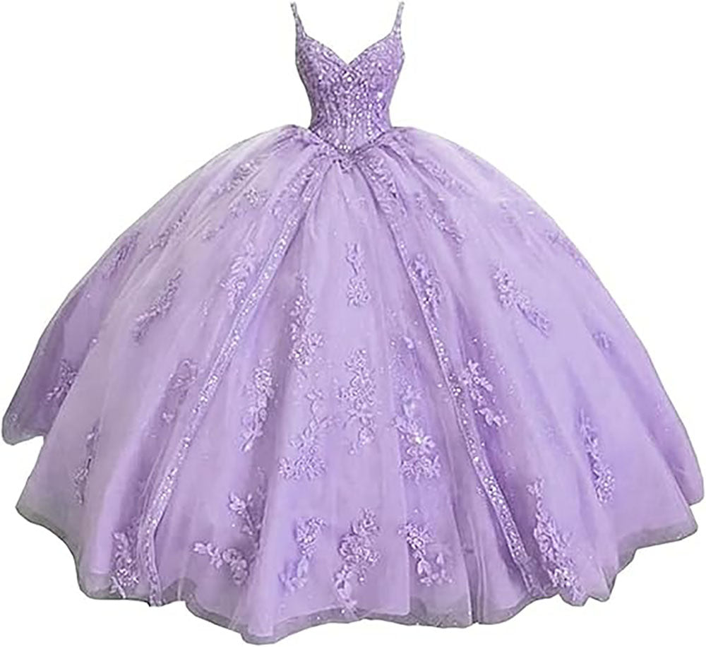 Abiti da ballo Quinceanera da donna con scollo a cuore, spalline sottili, applicazioni in pizzo, abiti Sweet 16 per adolescenti