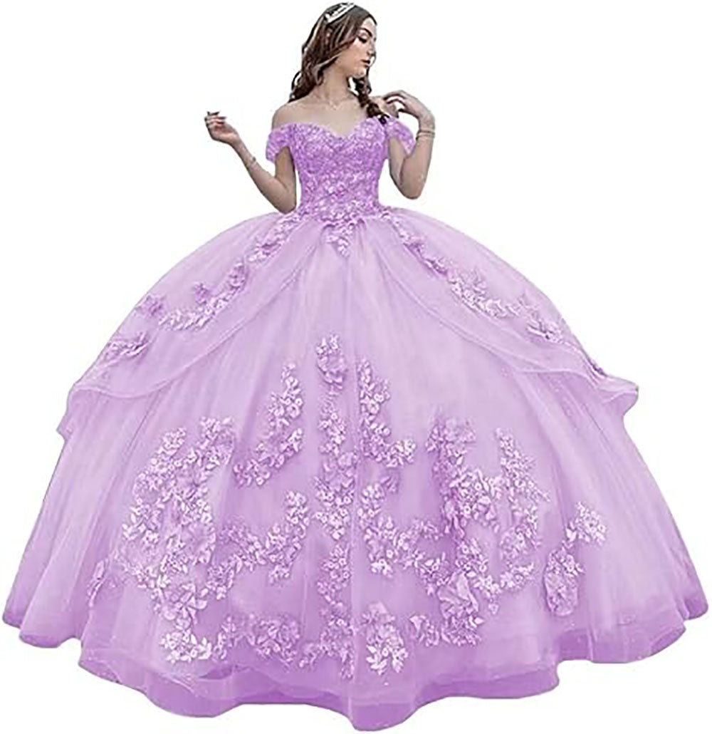 Abiti da Quinceanera floreali 3D Abito da ballo gonfio in tulle scintillante Abiti Sweet 16 con spalle scoperte Abito principessa in pizzo
