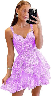 Off Shoulder Sequin Homecoming Dress Ruffles Tiered Mini Prom Dress Lace Applique Cocktail Dress