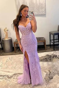 Vestidos de Baile Elegantes com Aplicação de Renda, Estilo Sereia, Fenda, Alças Finas, Vestidos Formais em Tule, Vestidos de Festa Sensuais