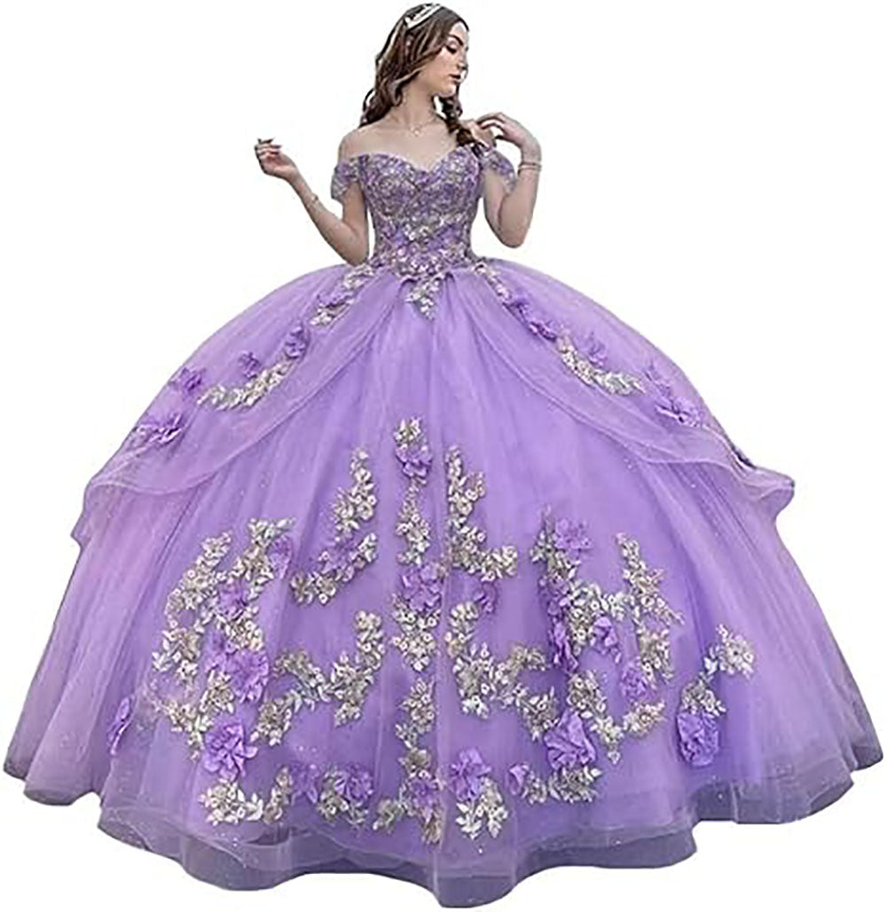 Abiti da Quinceanera floreali 3D Abito da ballo gonfio in tulle scintillante Abiti Sweet 16 con spalle scoperte Abito principessa in pizzo