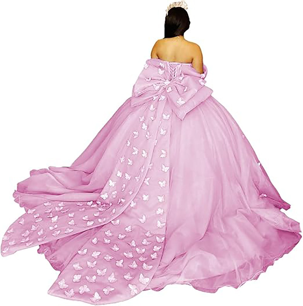 Vestidos de Quinceanera Butterfly com Laço Vestido de Baile Fofo Sweet 16 com Cauda Vestido de Quince Ombro a Ombro