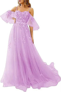 Vestidos de Baile Longos com Ombros Descobertos, Tule, Apliques, Vestido de Festa com Alças Finas, Vestidos Formais de Noite