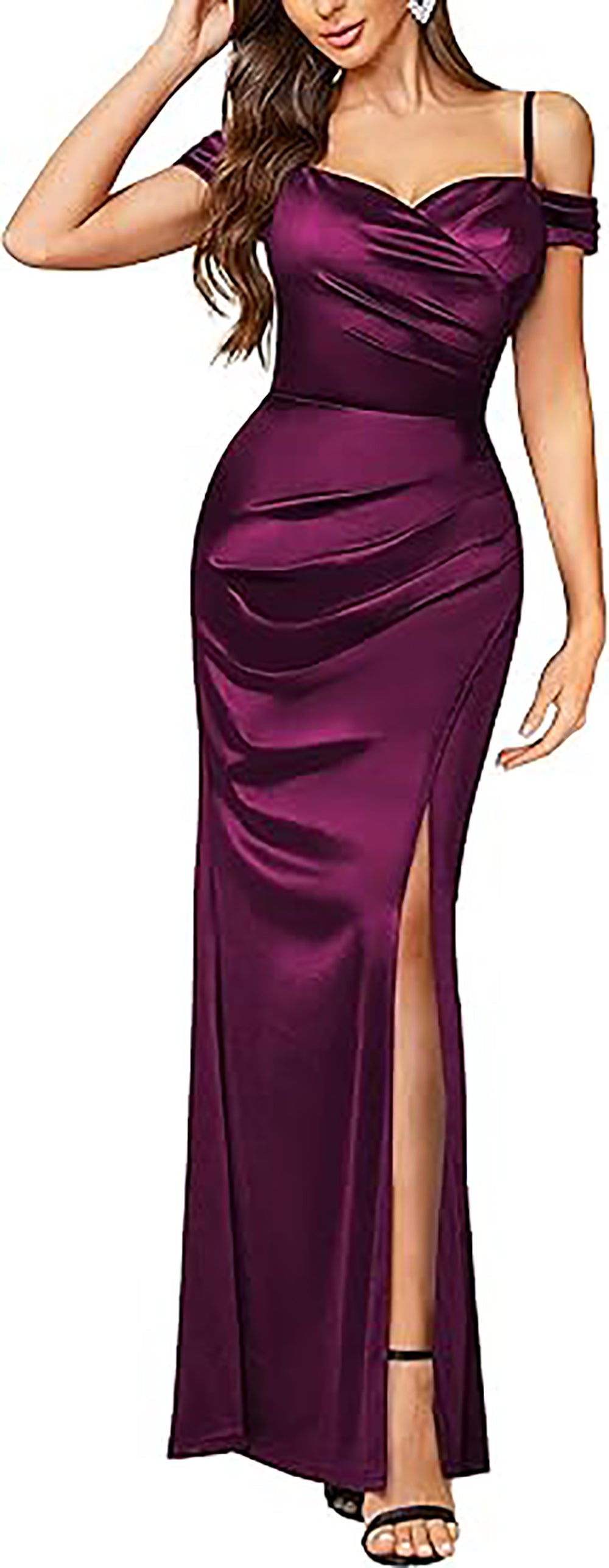 Sexy abito da sera lungo da festa con spalle scoperte in raso, spacco alto e arricciature, stile sirena Ms2503131