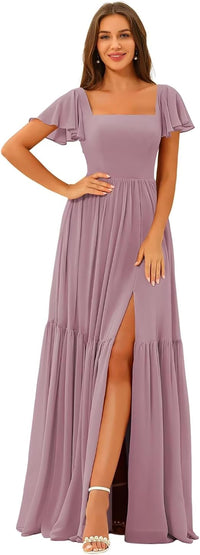 Vestidos de Dama de Honra com Decote em U, Fenda e Mangas de Chiffon com Folhos, Vestidos Formais Longos para Festa com Bolsos