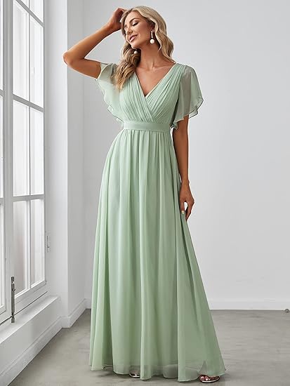 Abito da damigella con scollo a V, maniche a volant, arricciato, da festa, lungo fino al pavimento, in chiffon, abito formale